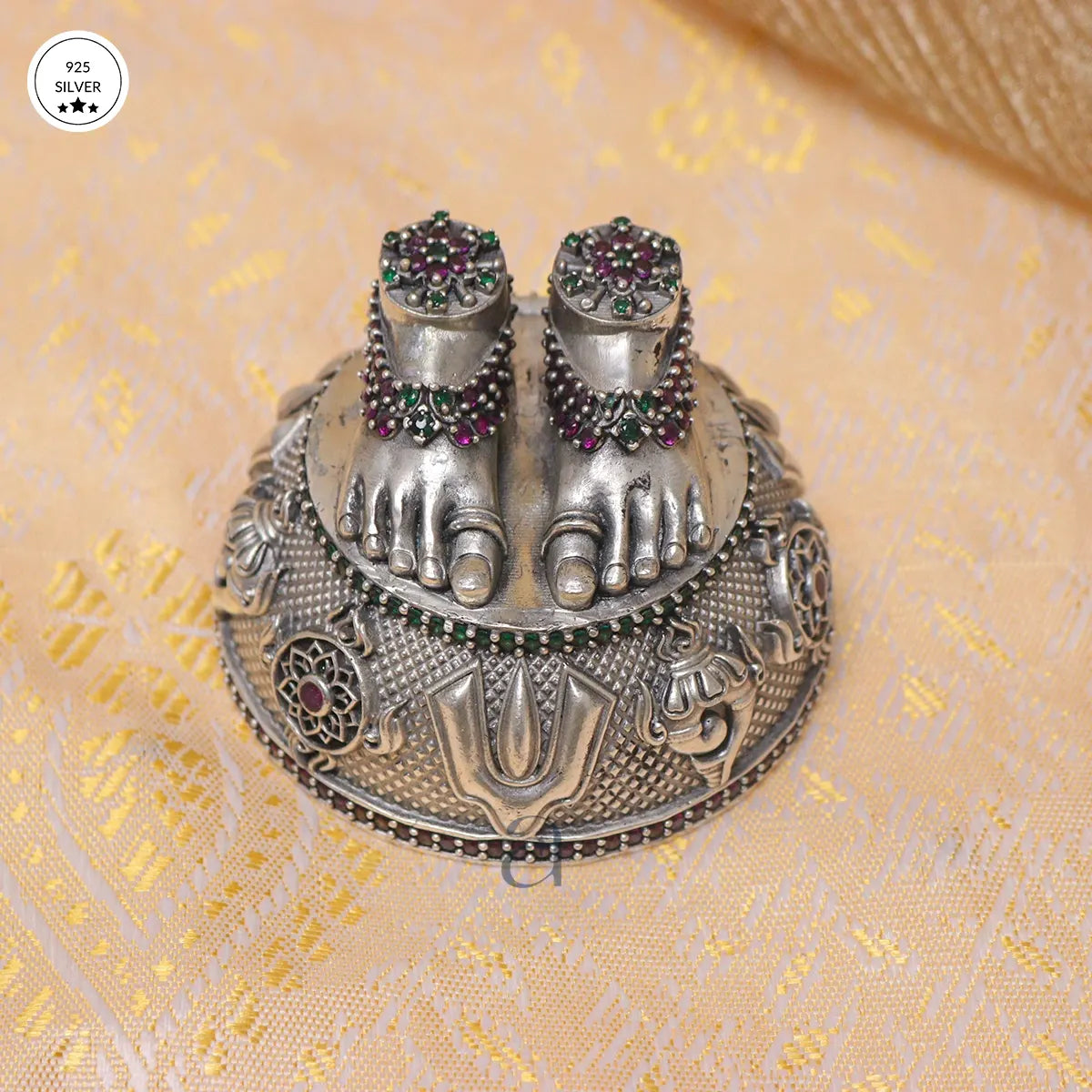 925 Stone Decorated Antique Silver Balaji Charan Paduka