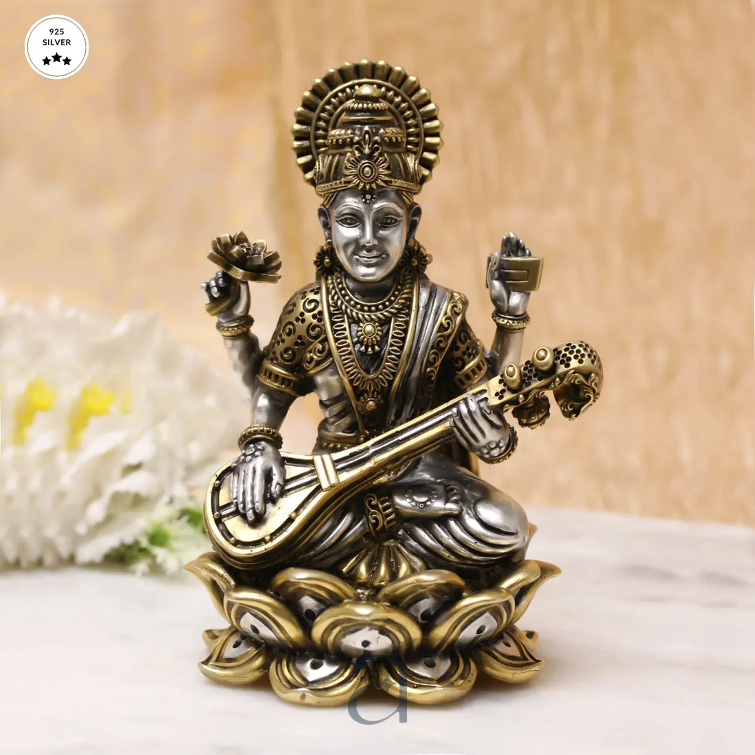 925 Golden Colored Saraswati Antique Silver Idol