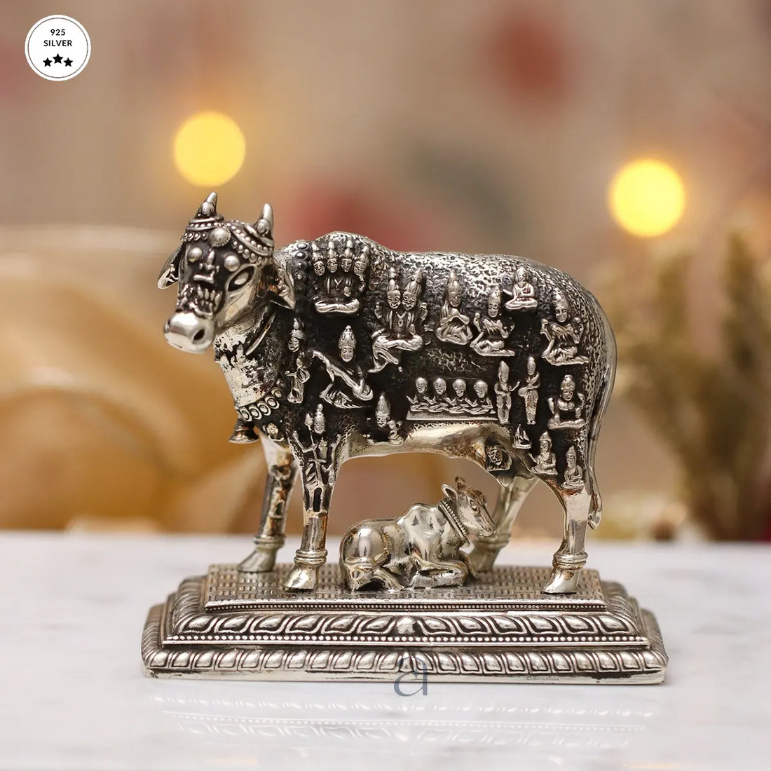 925 Antique Mural Designed Silver Cow and Calf