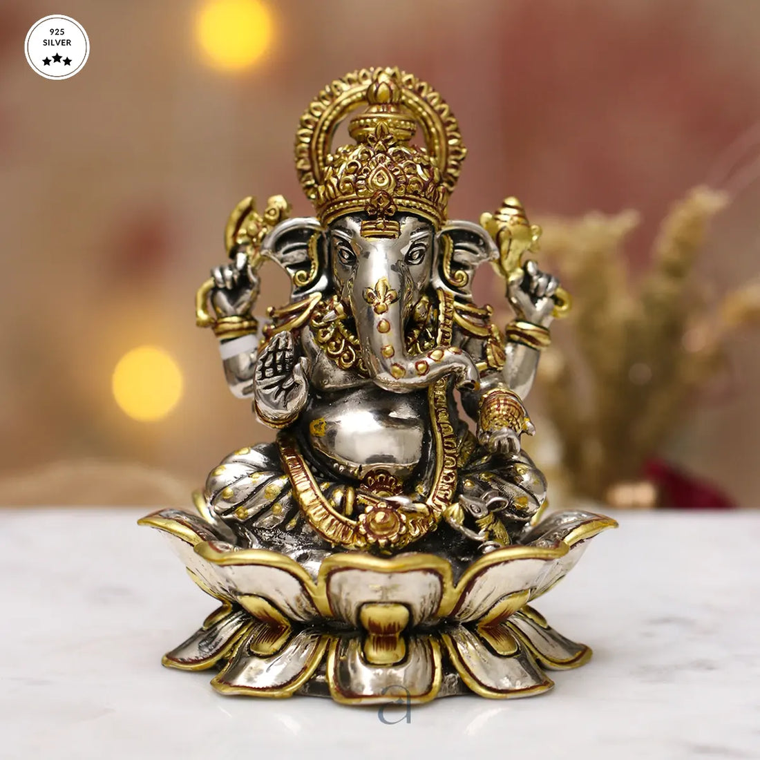 925 Golden Colored Ganeshji Antique Silver Idol