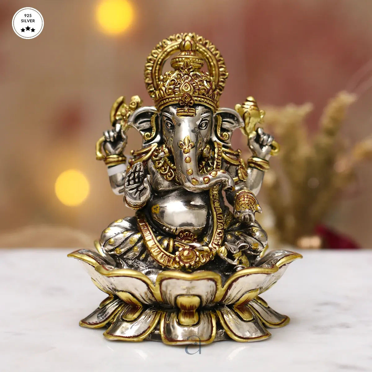 925 Golden Colored Ganeshji Antique Silver Idol