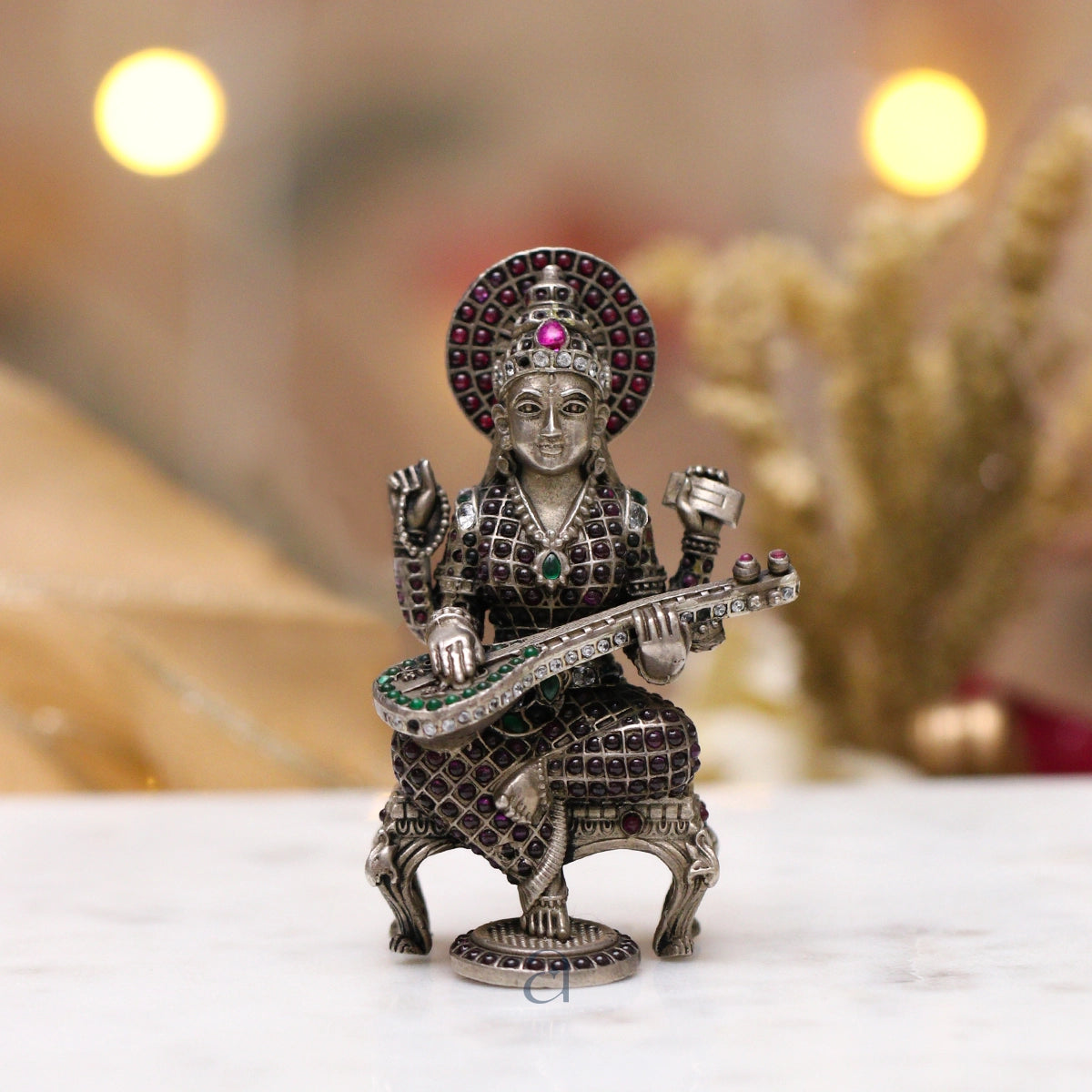 Stone Embedded 925 Silver Antique Purple Saraswatiji