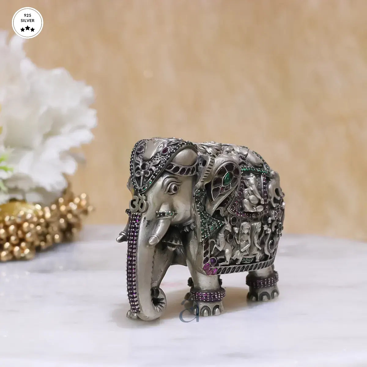 Stone Decorated 925 Antique Silver Elephant