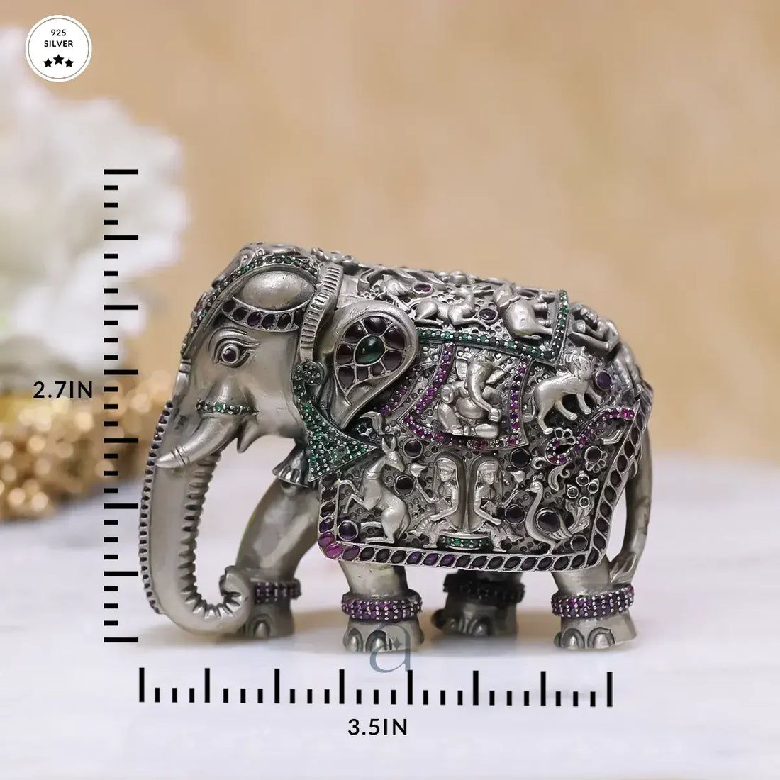 Stone Decorated 925 Antique Silver Elephant