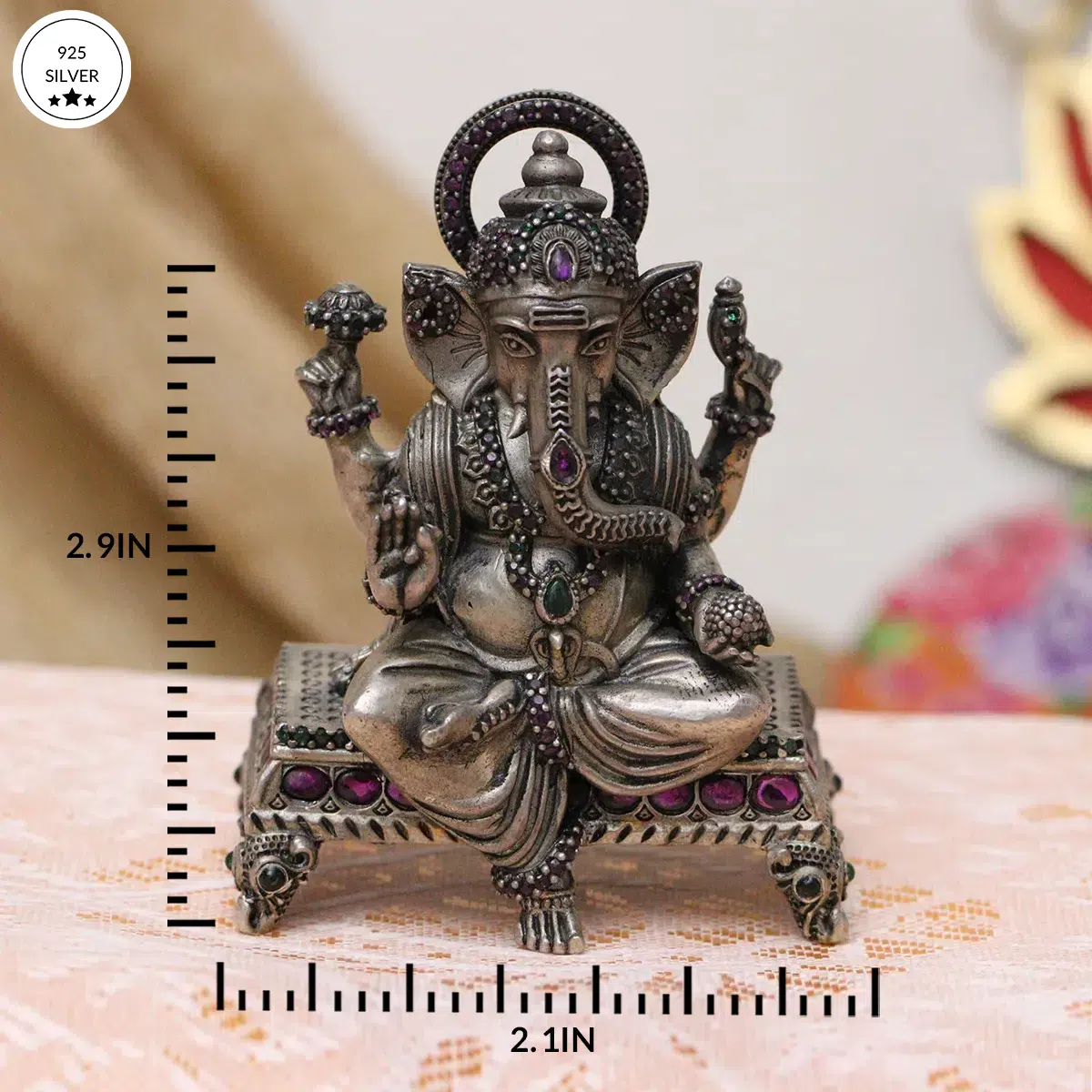 Stone Embedded 925 Antique Ganeshji Murti