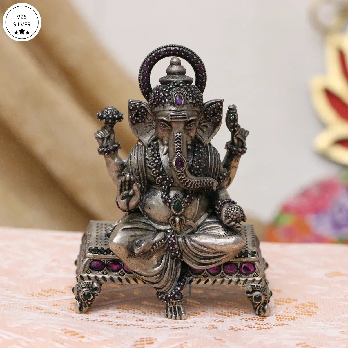 Stone Embedded 925 Antique Ganeshji Murti