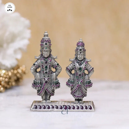 Stone Decorated 925 Silver Vitthal Rukmini Idol