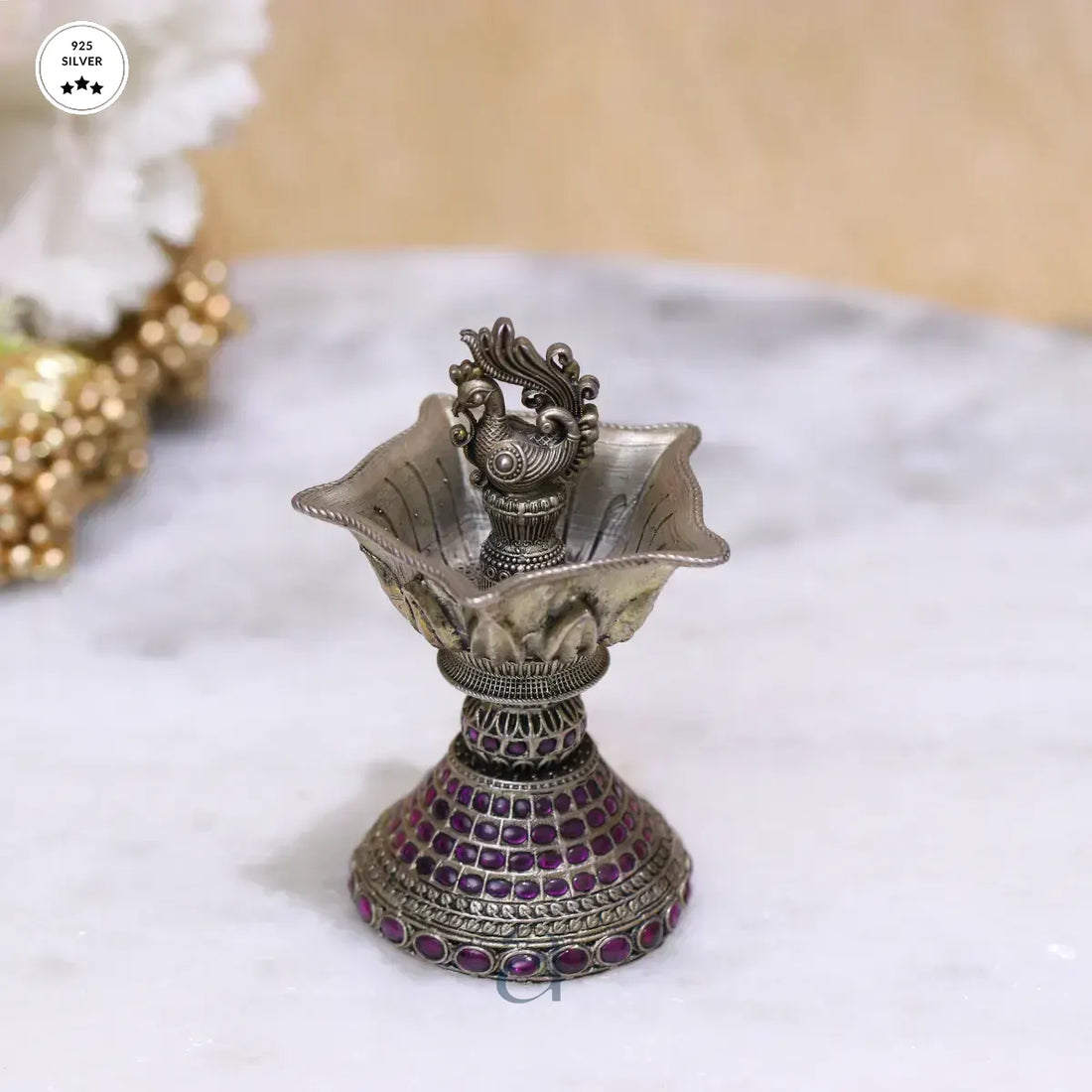 Stone Decorated 925 Antique Silver Niranjan