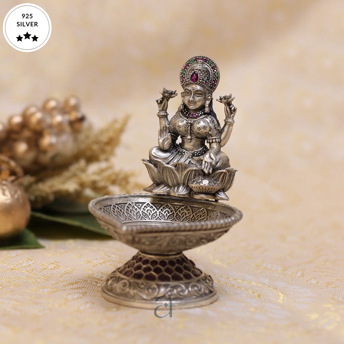 Exquisite Silver Niranjan Diya with Intricate Stones