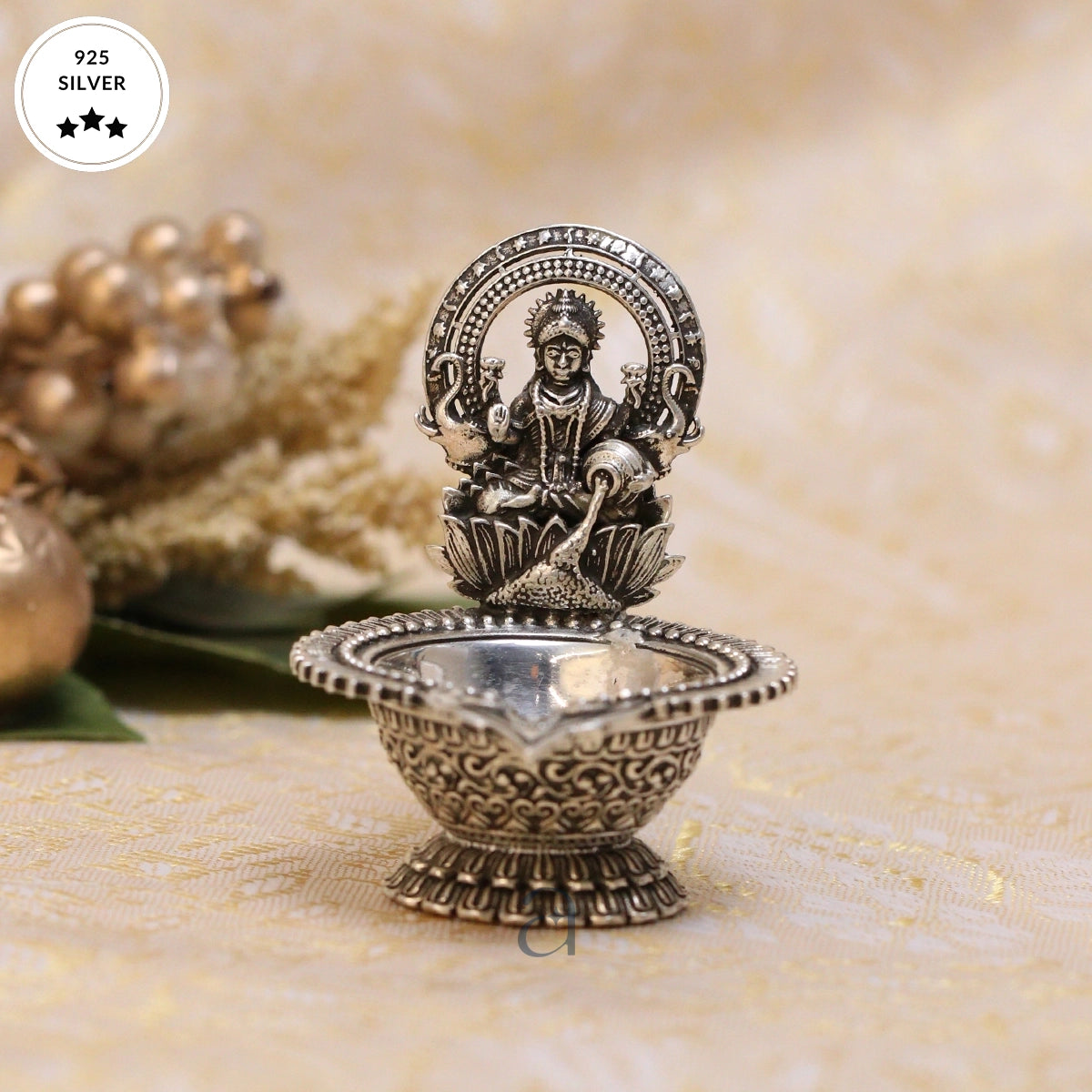 Antique 925 Silver Niranjan with Goddess Lakshmi