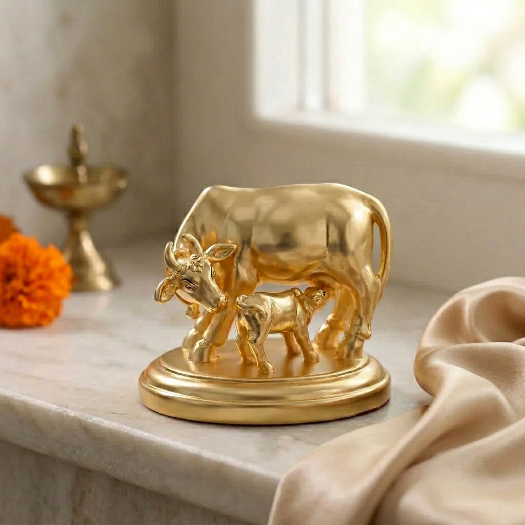Golden Kamadhenu Cow and Calf Idol