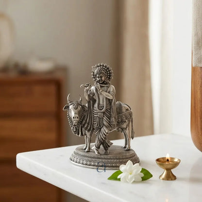 925 Sterling Silver Antique Finish Hollow Shri Krishna with Cow Idol
