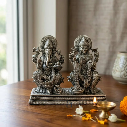 925 Sterling Silver Antique Finish Hollow Ganesh Lakshmi Idol