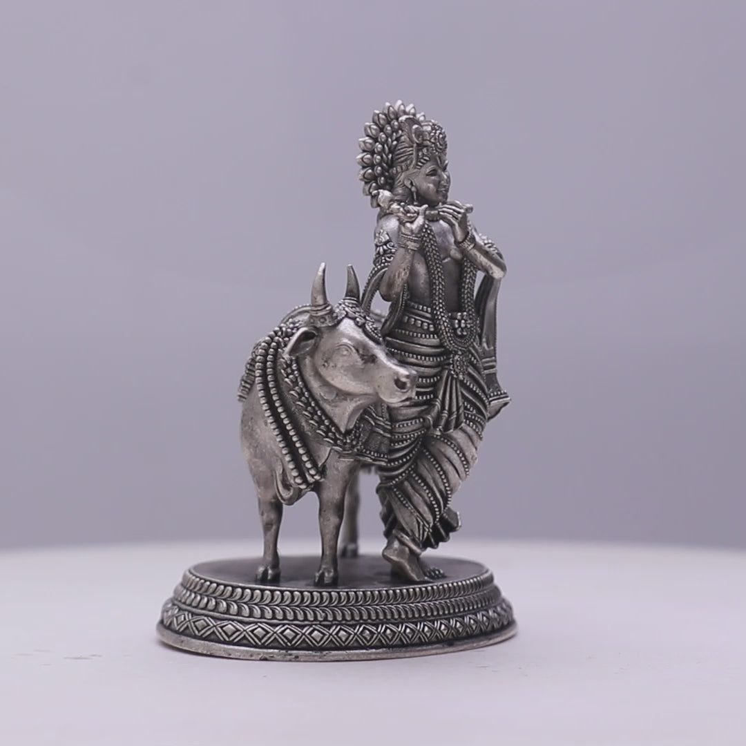 925 Sterling Silver Antique Finish Hollow Shri Krishna with Cow Idol