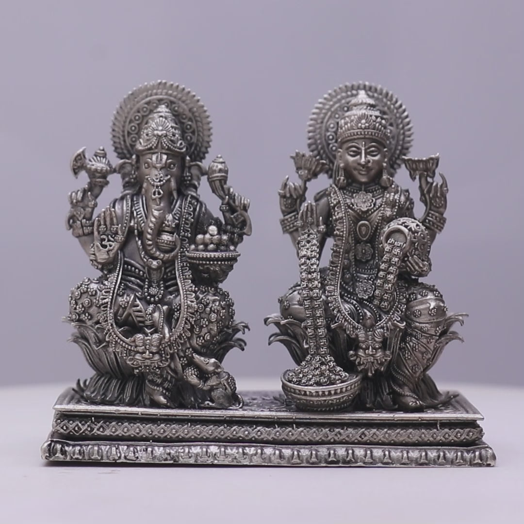 925 Sterling Silver Antique Finish Hollow Ganesh Lakshmi Idol